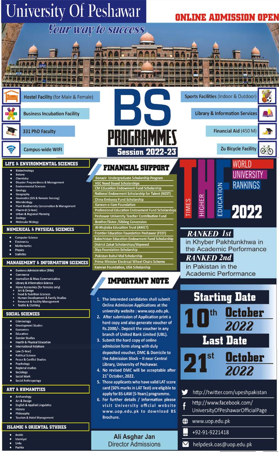 Peshawar University UOP Undergraduate Admission 2022 in BS Programs