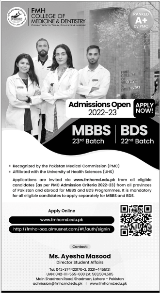 FMH College of Medicine and Dentistry Admission 2022 in MBBS & BDS