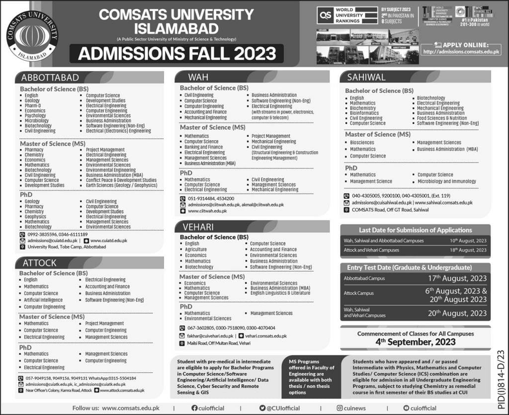 Comsats University Islamabad Admission 2023, Apply Online, Merit List