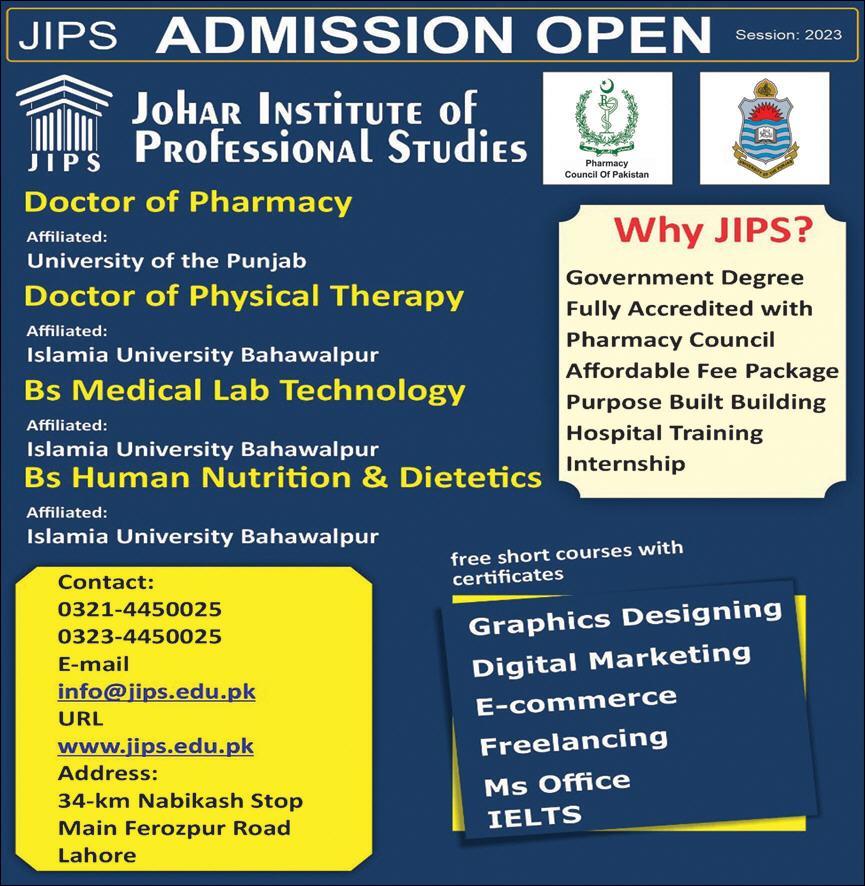 Johar Institute of Professional Studies Lahore Admission 2024 in BS, DPT & Pharm D