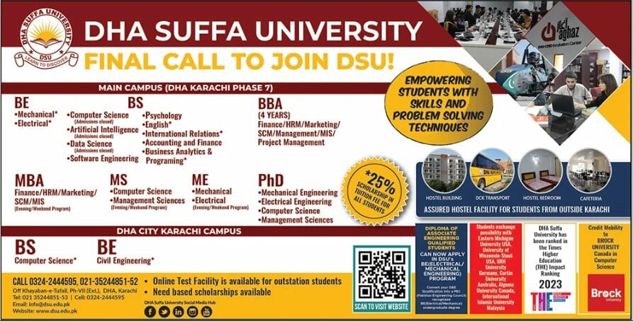 DHA Suffa University DSU Karachi Admission 2023, Last Date, Online Form