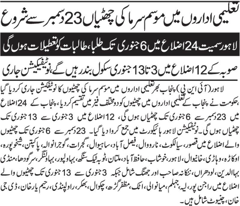 Breaking News About Winter Holidays Schedule 2022-23 in Educational Institutions of Punjab