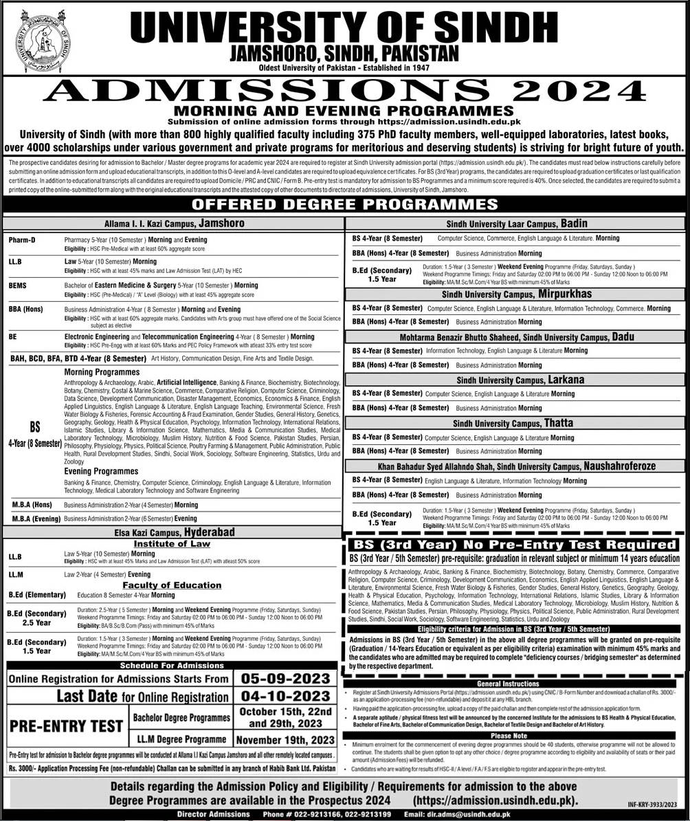 University Of Sindh Jamshoro Admission 2024, Last Date & Form