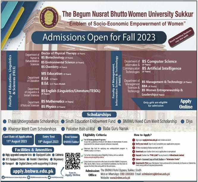 Begum Nusrat Bhutto Women University Sukkur BNBWU Undergraduate Admission 2023