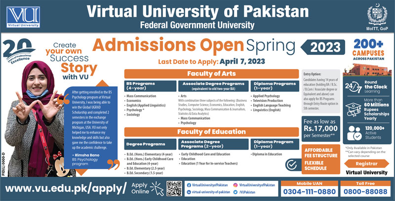 Virtual University VU Pakistan Admission 2024, Apply Online