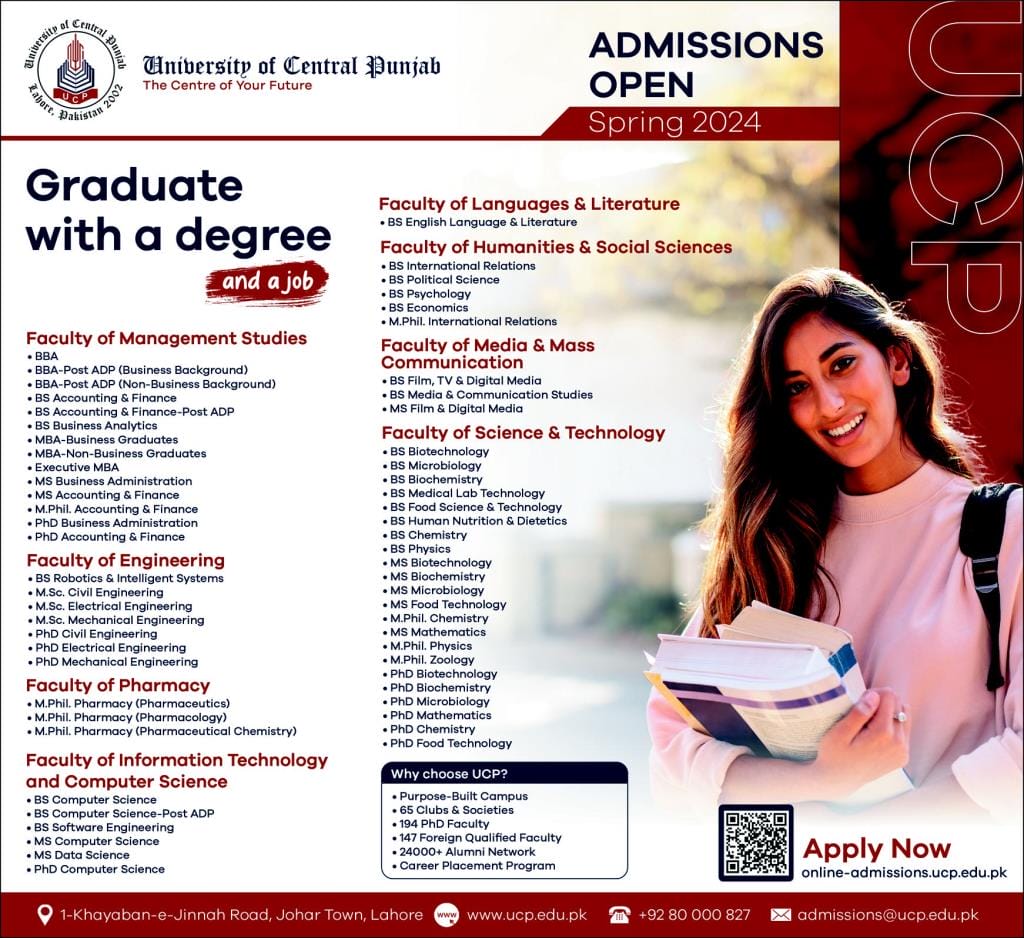 University of Central Punjab UCP Admission 2024, Programs & Prospectus