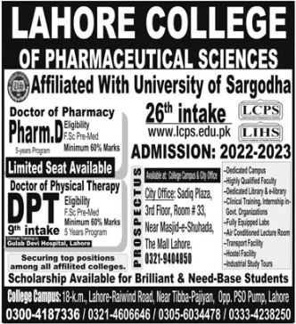 LCPS Lahore Admission 2023 in Pharm-D & DPT