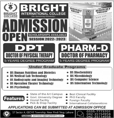 Bright International College Lahore Admission 2024, Scholarships, Programs