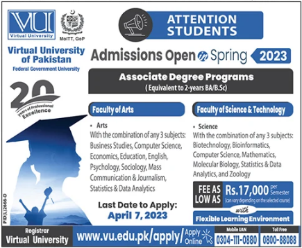 VU University Admission 2023 in ADP (Associate Degree Programs), Apply Online