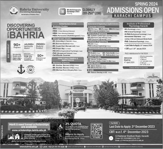 Bahria University Admission 2024, Form & Entry Test Result
