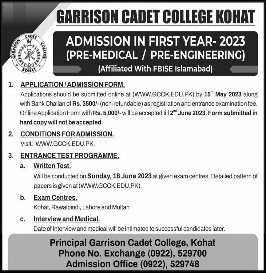 Garrison Cadet College Kohat Inter Admission 2023 in FSc, Online Form, Test Result