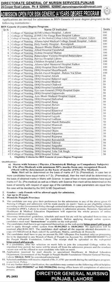 BS Nursing Generic Admission 2023 in Government Nursing Colleges in Punjab, Last Date