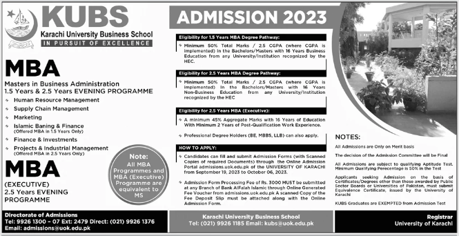 Karachi University Business School Admission 2023 in MBA & EMBA