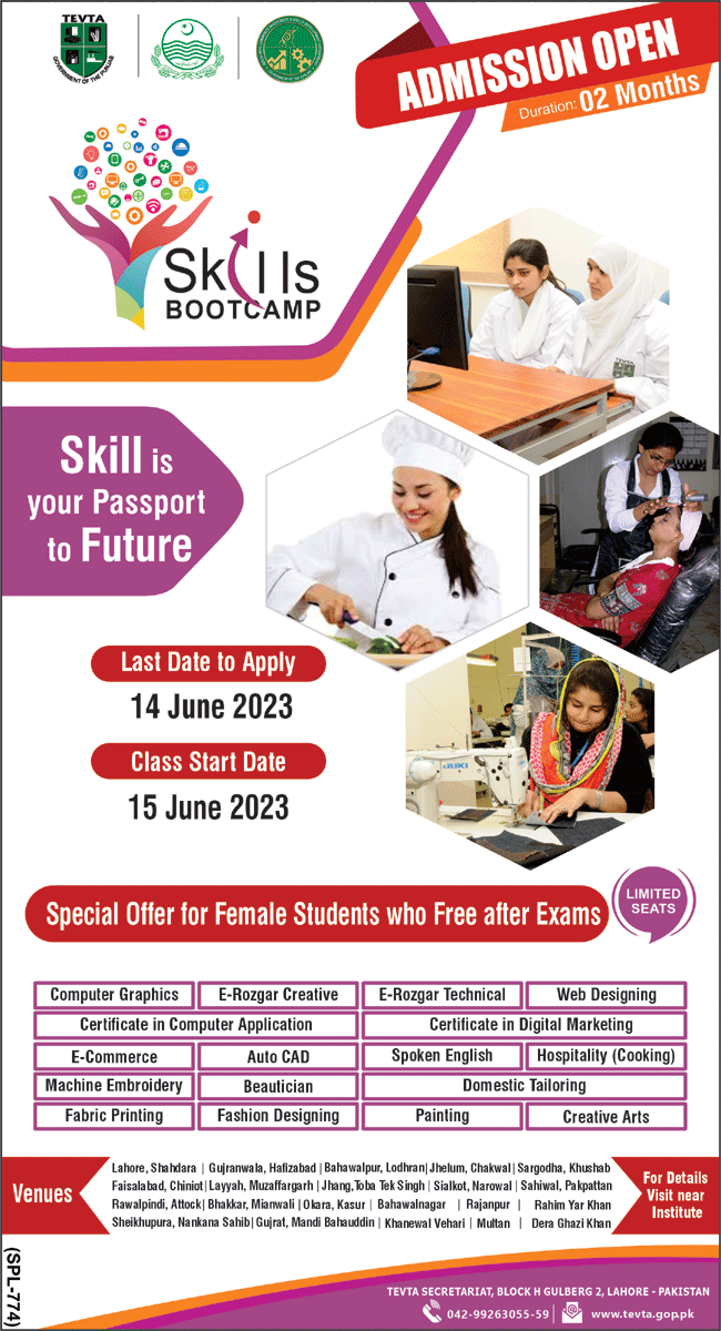 TEVTA SkiIls Bootcamp Admission 2023 For Females, Schedule, Courses 