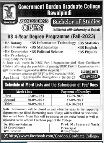 Government Gordon Graduate College Rawalpindi BS Admission 2023