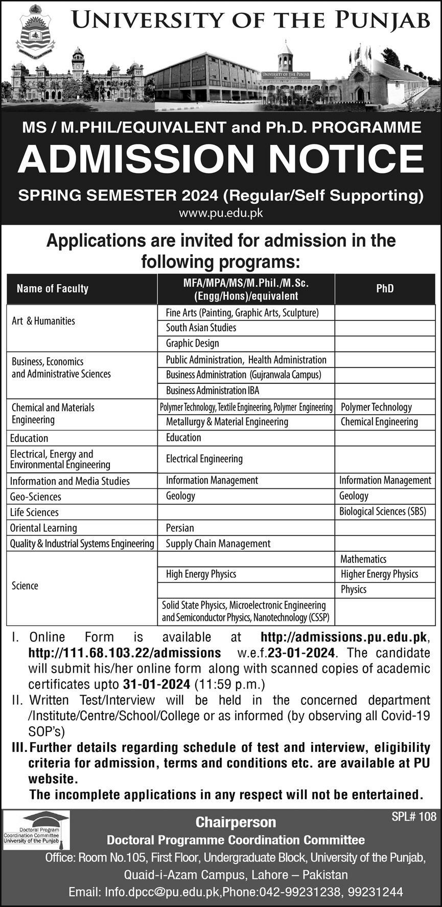 Punjab University Lahore Admission 2024 in Graduate Programs (MS, MPhil, PhD etc)