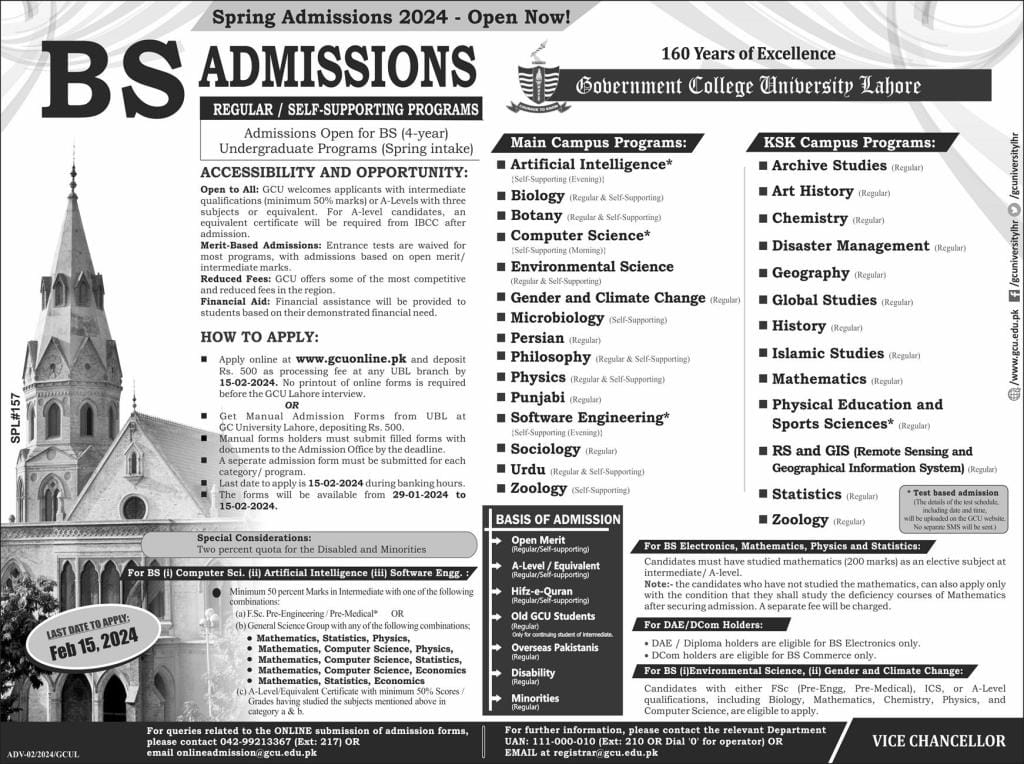 GC University Lahore Admission 2024 in BS Programs