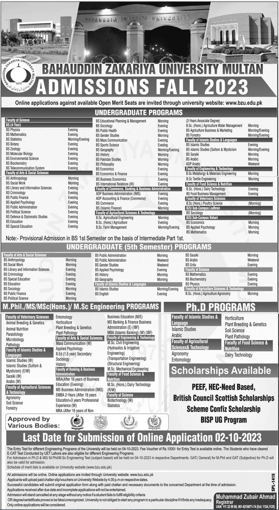 Bahauddin Zakariya University BZU Multan Admission 2023