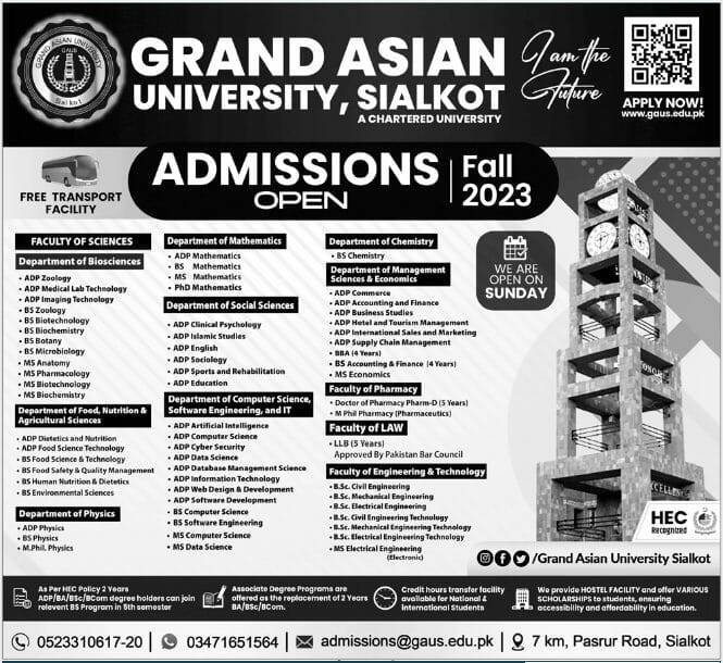Grand Asian University Sialkot Admission 2023