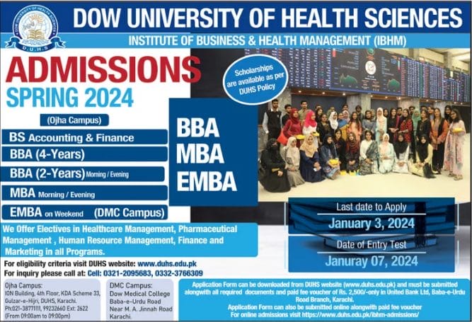 Dow University of Health Sciences BBA, MBA & MBA Executive Admission 2024