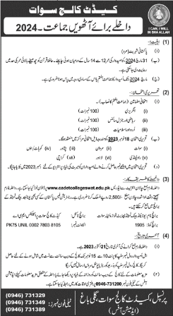 Cadet College Swat 8th Class Admission 2024, Form Download