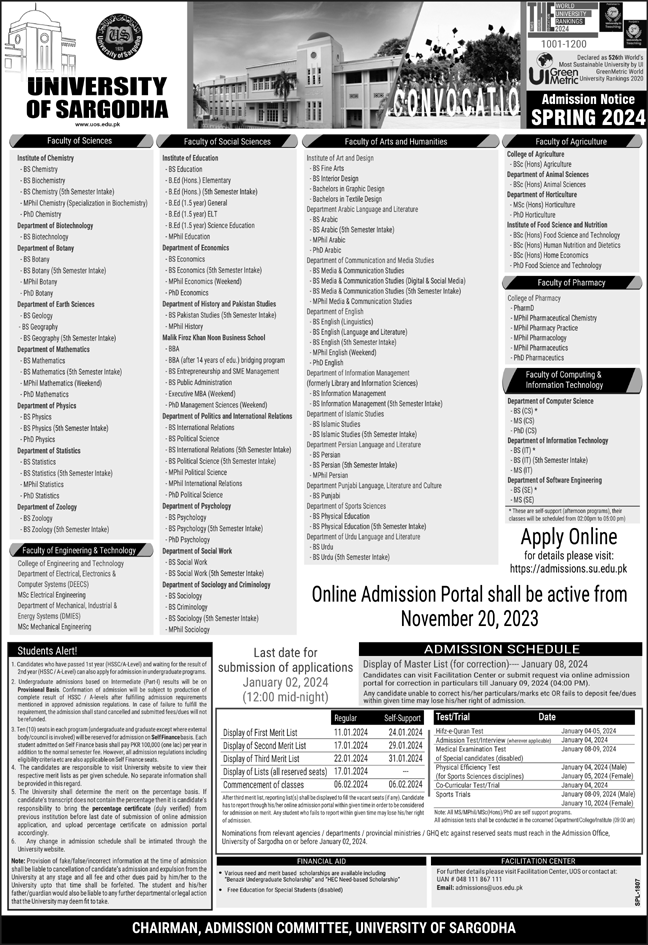 University of Sargodha Main Campus & Sub Campuses Admission 2024, Form, Merit List