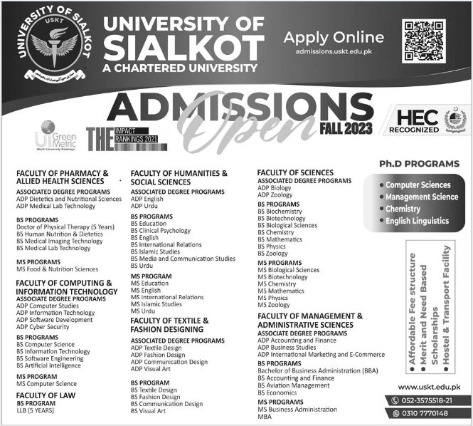 University of Sialkot Admission 2023, Last Date, Apply Online