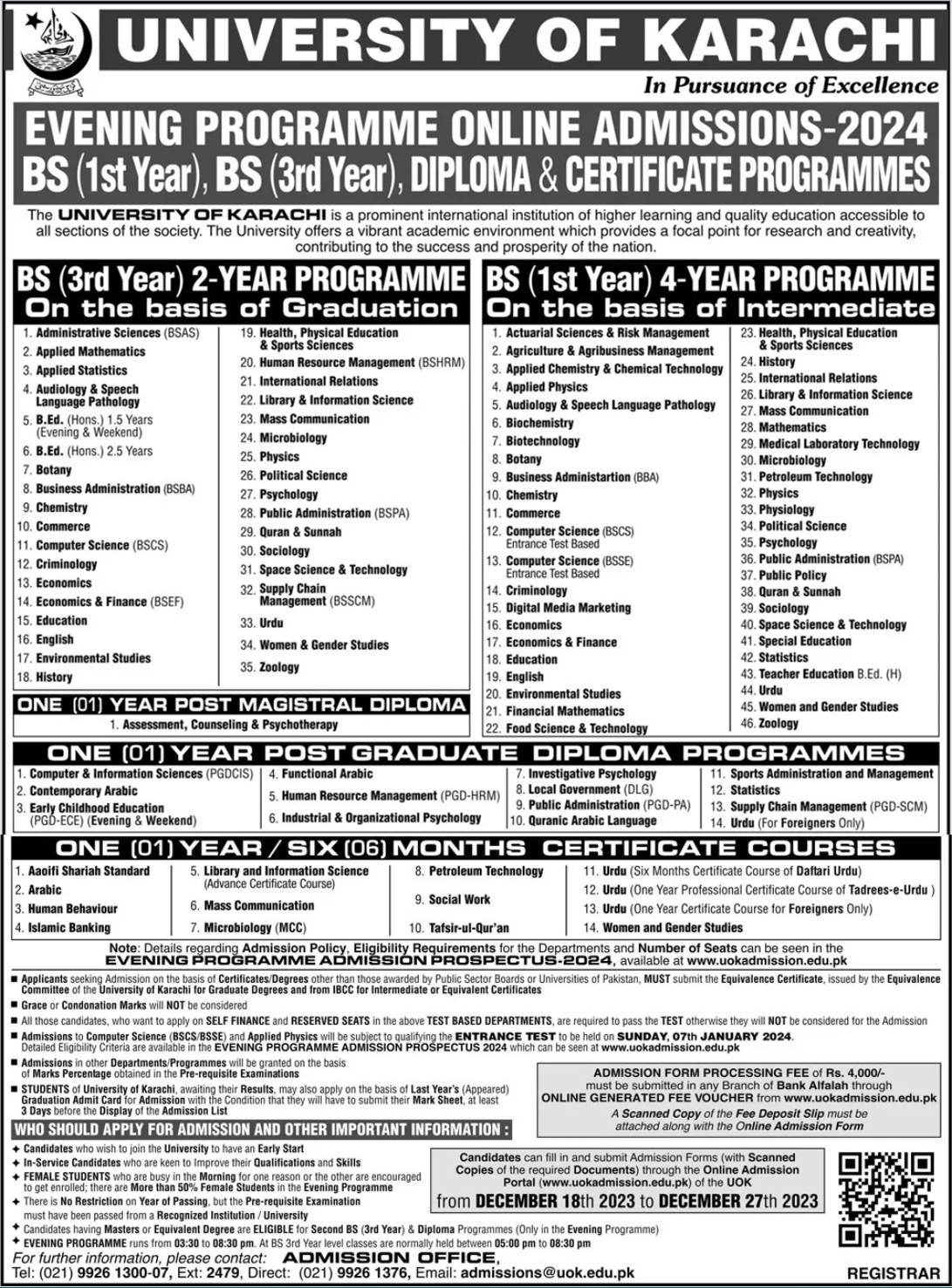 University of Karachi (UOK) Admission 2024 in BS 1st & BS 5th Semester & PGD Evening