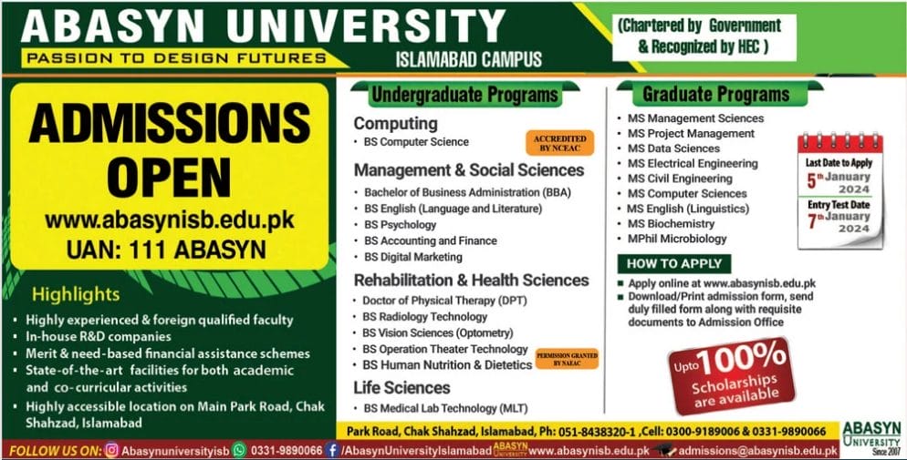 Abasyn University Islamabad Admission 2024 Schedule, Scholarships