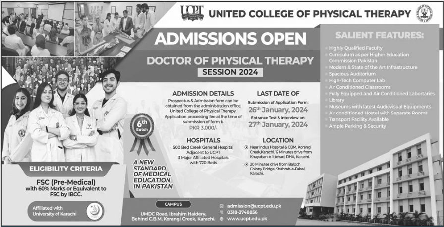 United College of Physical Therapy Karachi Admission 2024 in DPT, Form & Test Result