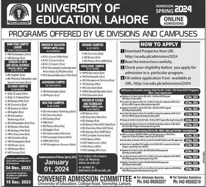 University Of Education UE Lahore Admission 2024, Merit List