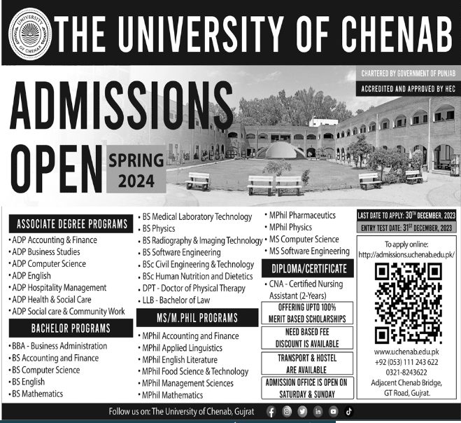 University of Chenab UChenab Gujrat Admission 2024, Form Test Result