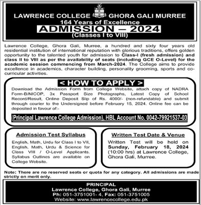Lawrence College Ghora Gali Admission 2024 in Class 1 to 8th/O-Level