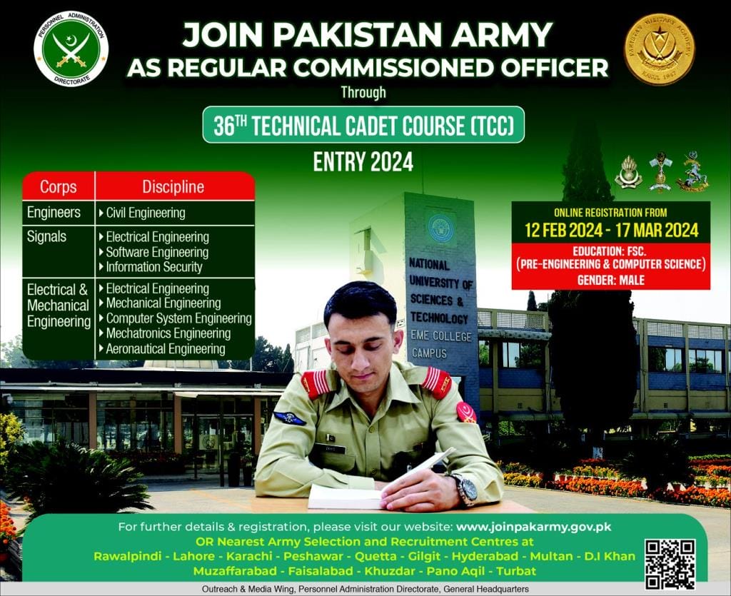Join Pak Army Through 36 Technical Cadet Course 2024 As Regular Commission