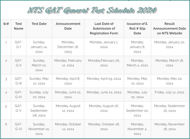 NTS GAT General Test Schedule 2024, Centers, Fee