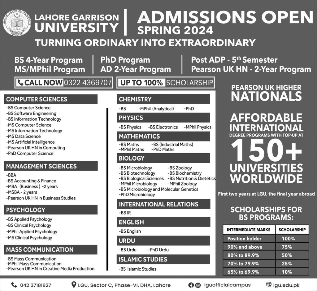 Lahore Garrison University (LGU) Admission 2024 in Spring Semester, Form, Last Date