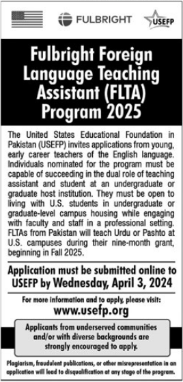 USEFP Fulbright Foreign Language Teaching Assistant Program 2025, Form, Merit List 