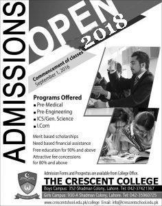 Crescent College Lahore Inter Admission 2018, Form & Merit Lists
