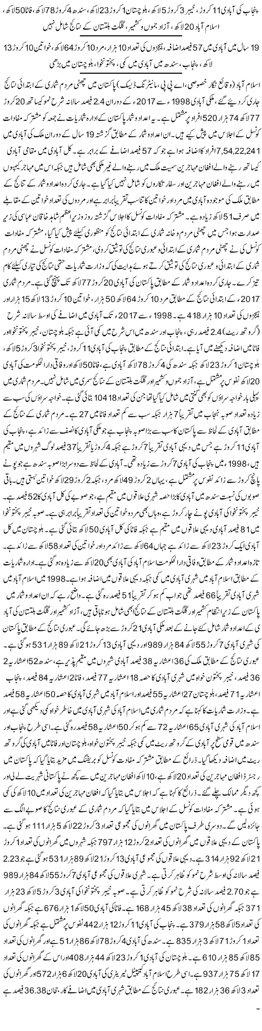 Results Of 6th Pakistan Population Census 2017