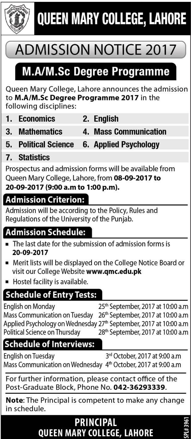 Queen Marry College Lahore QMC MA, MSc Admission 2017