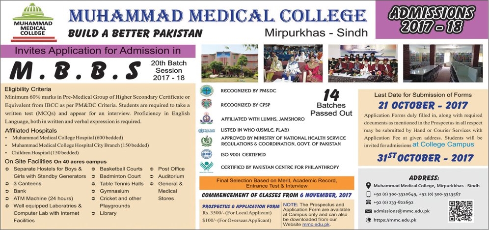 Muhammad Medical College Mirpurkhas MBBS Admission 2017