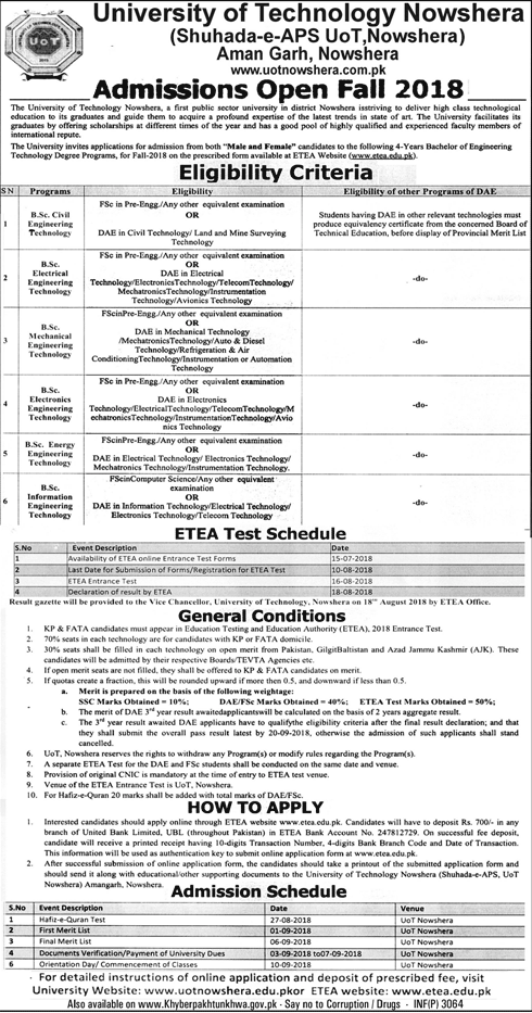 University of Technology Nowshera BSc Engineering Admission 2018
