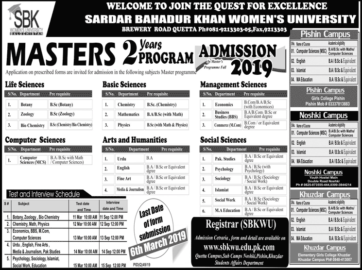 Sardar Bahadur Khan Women University SBKWU Quetta Admission 2019