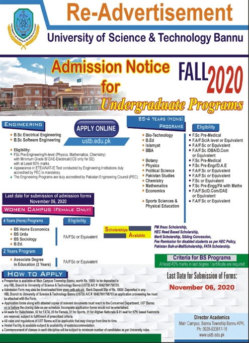 University Of Science & Technology Bannu Admission 2020