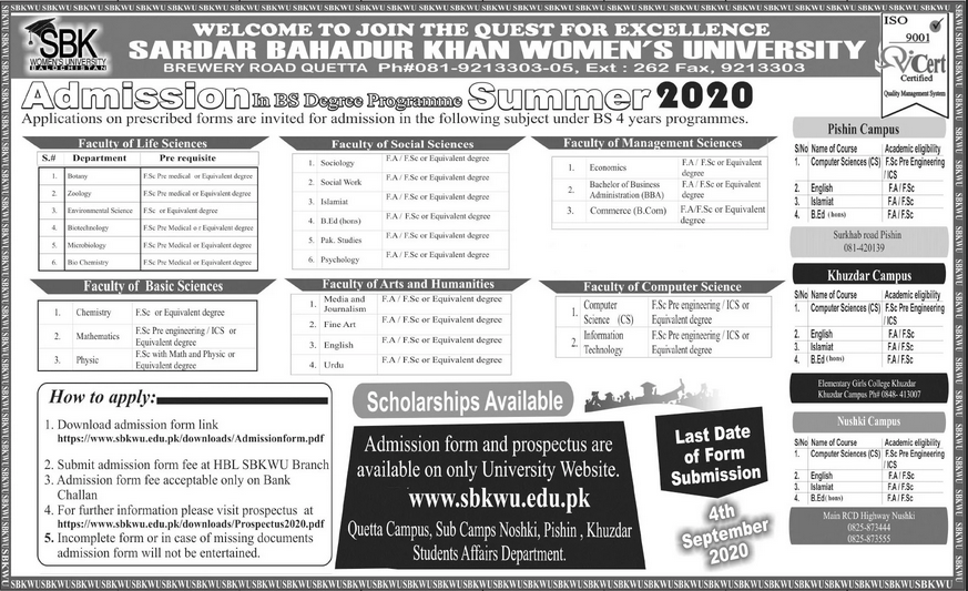 Sardar Bahadur Khan Women University Undergraduate Admission 2020-BS Programs