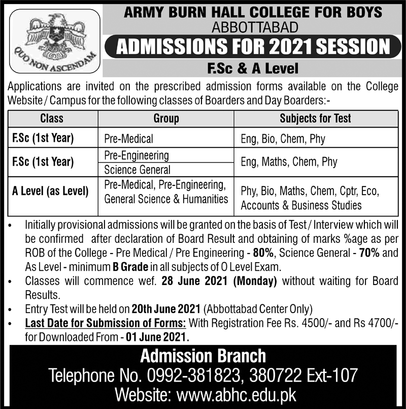 Army Burn Hall College For Girls Admission 2021, Form, Entry Test Result