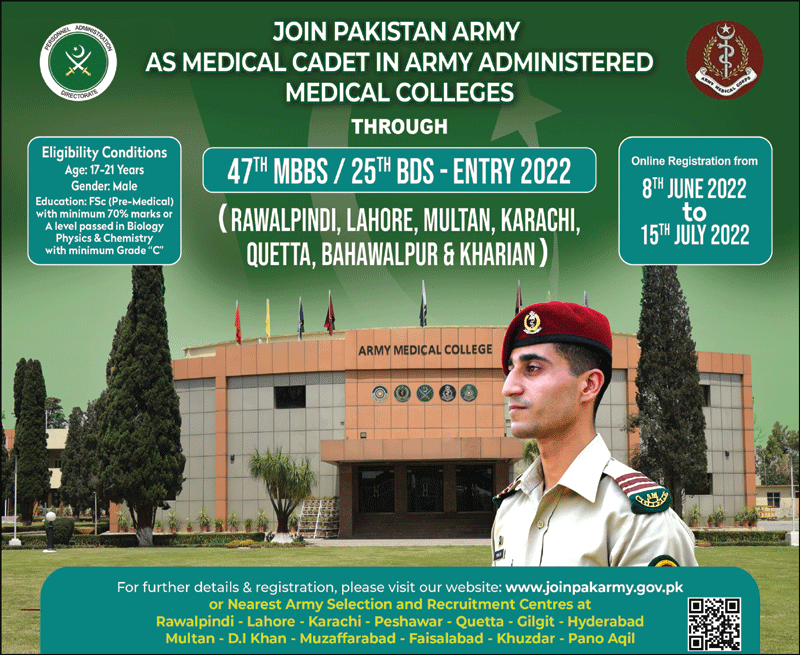 Join Pak Army as Medical Cadet 2022 Via CMH Lahore & Army Medical Colleges