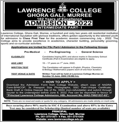 Lawrence College, Ghora Gali Murree 1st Year Admission 2022 & Entry Test Result