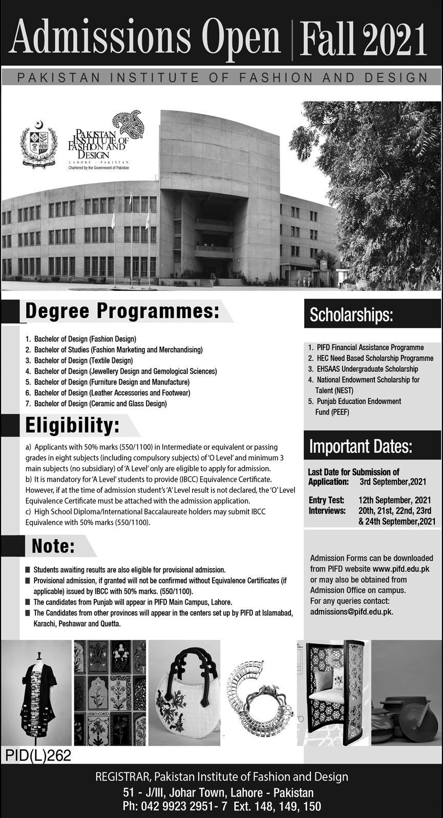 Pakistan Institute of Fashion and Design PIFD Lahore Admission 2021