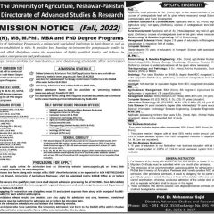 University of Agriculture Peshawar Admission 2022, Form, Test Result, Merit Lists